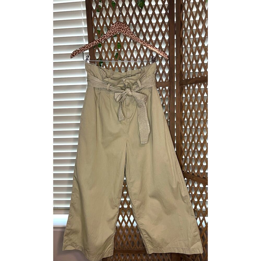 American Eagle Olive Green cropped Flare Paper Bag Pants sz 4R